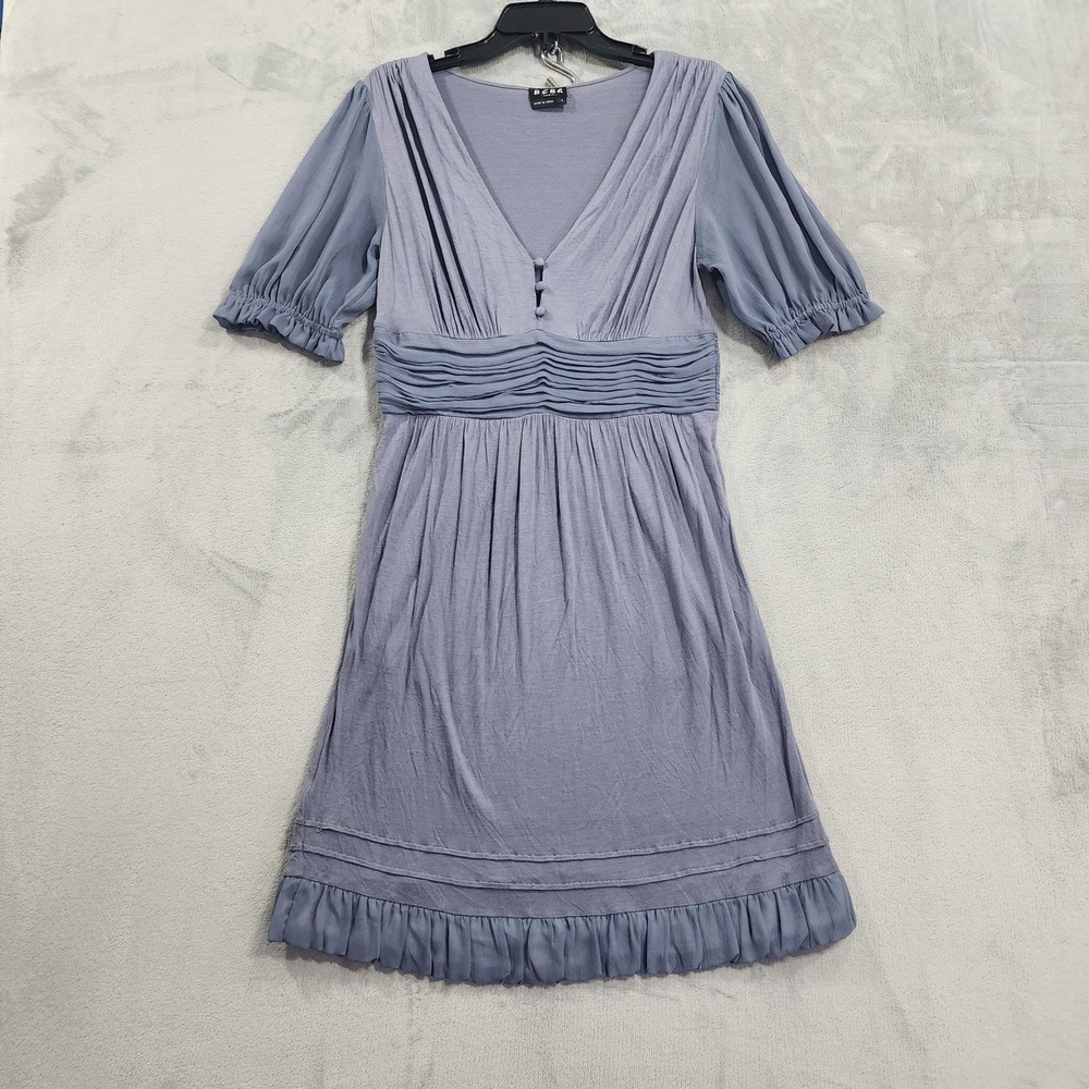 BCBG Paris Dress Womens 8 Gray V-Neck Puff Sleeve Fit & Flare Ruffle Pockets